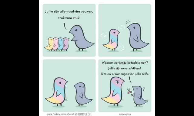 Een eenvoudige strip met vier panelen waarin een grote vogel een groep andere kleine vogels (die symbool staan voor LHBTQ+ mensen) door het slijk haalt, en vervolgens samen gaan voegen om sterker te staan.