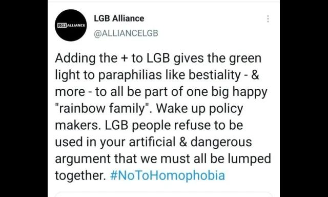 Een Tweet van LGB Alliance waarin ze beweren dat de plus in LHBTQ+ de deur openzet voor seks met dieren "en meer".